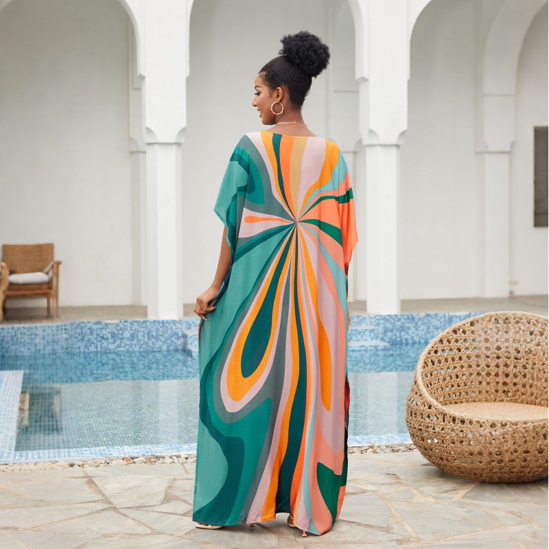 Floral Kaftan Dress for Poolside or Lounge Woman wearing plus size floral kaftan dress at beach