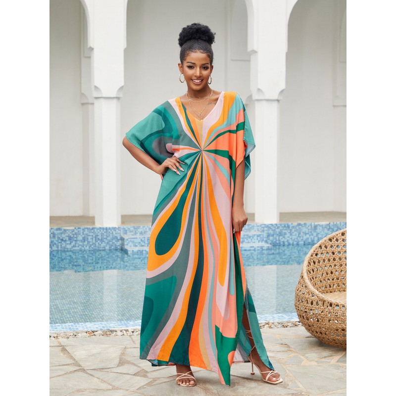 Floral Kaftan Dress for Poolside or Lounge Woman wearing plus size floral kaftan dress at beach