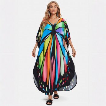 Tropical Butterfly Kaftan Dress - Plus Size Beach Cover Up, Loungewear & Nightgown F1131
