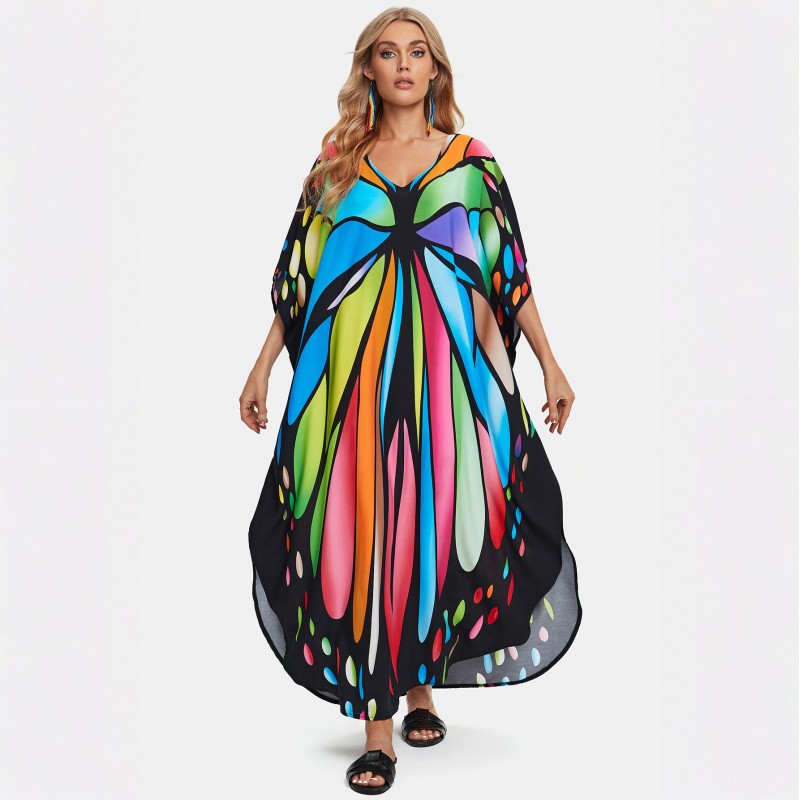 Women's artistic butterfly kaftan - beach loungewear and nightgown Plus size tropical butterfly print kaftan dress as beach cover up