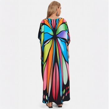 Tropical Butterfly Kaftan Dress - Plus Size Beach Cover Up, Loungewear & Nightgown F1131