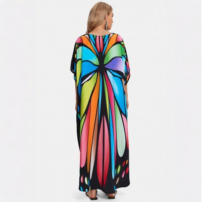 Women's artistic butterfly kaftan - beach loungewear and nightgown Plus size tropical butterfly print kaftan dress as beach cover up