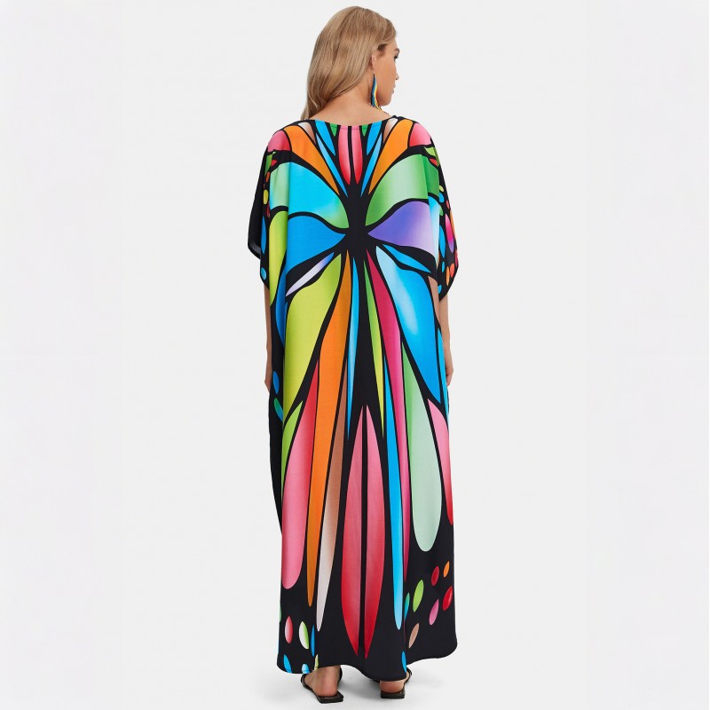 Women's artistic butterfly kaftan - beach loungewear and nightgown Plus size tropical butterfly print kaftan dress as beach cover up