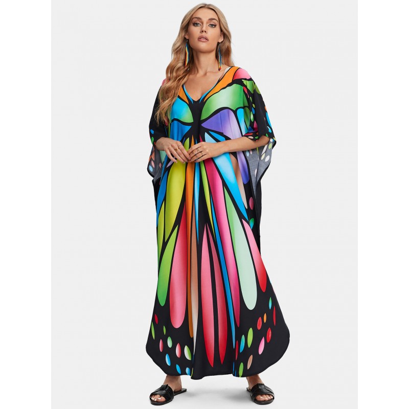 Women's artistic butterfly kaftan - beach loungewear and nightgown Plus size tropical butterfly print kaftan dress as beach cover up