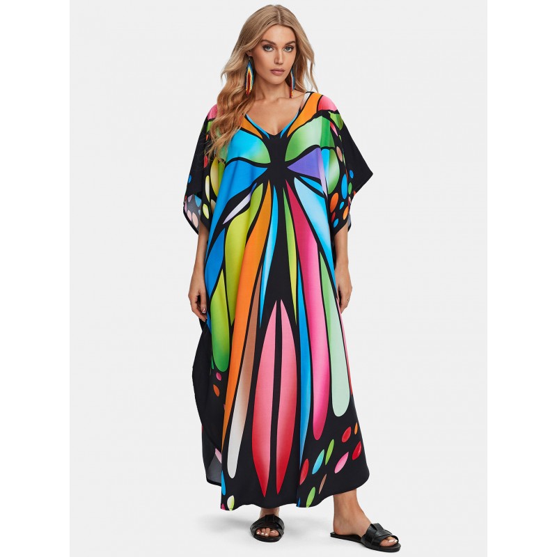 Women's artistic butterfly kaftan - beach loungewear and nightgown Plus size tropical butterfly print kaftan dress as beach cover up
