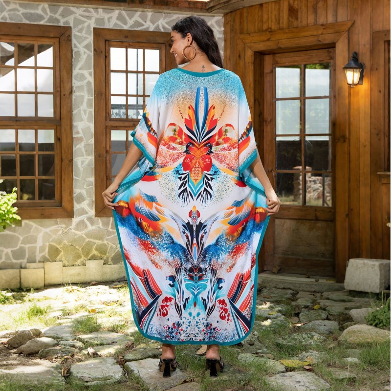 Blue Red Orange Abstract Print Kaftan - Plus Size Resort Dress Woman in abstract art print kaftan at resort poolside