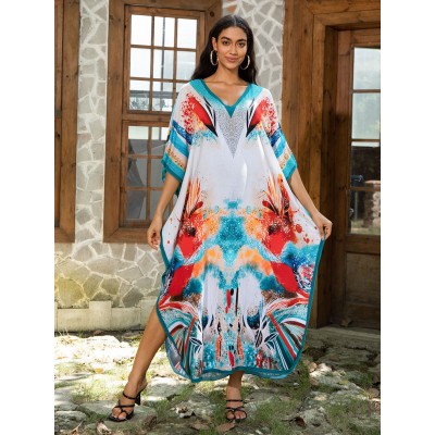 Blue Red Orange Abstract Print Kaftan - Plus Size Resort Dress Woman in abstract art print kaftan at resort poolside