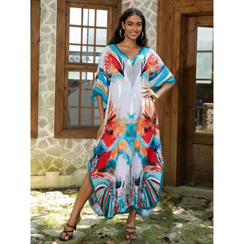 Blue Red Orange Abstract Print Kaftan - Plus Size Resort Dress Woman in abstract art print kaftan at resort poolside