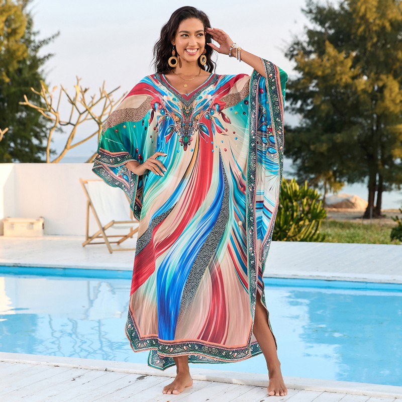 Flowy batwing resort kaftan - oversized sleeve vacation dress Plus size batwing sleeve kaftan as resort poolside cover up