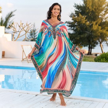 Bohemian Caftan Dresses Loose Fit Beachwear Flowy Art Print Cover Up & Resort Wear F1144-3
