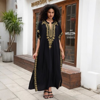 Modern Boho Kaftan Dress - Plus Size Batwing Sleeves Resort Wear & Pool Coverup - Black L23170