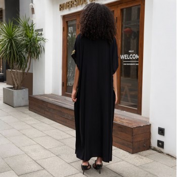 Modern Boho Kaftan Dress - Plus Size Batwing Sleeves Resort Wear & Pool Coverup - Black L23170
