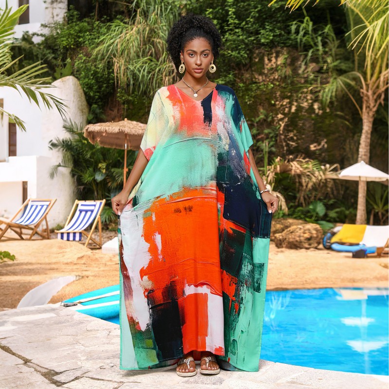 Plus Size Caftan Dresses: Abstract Art Beach Cover Up & Resort Wear Abstract Art Plus Size Caftan Dress for Women Beach Cover Up