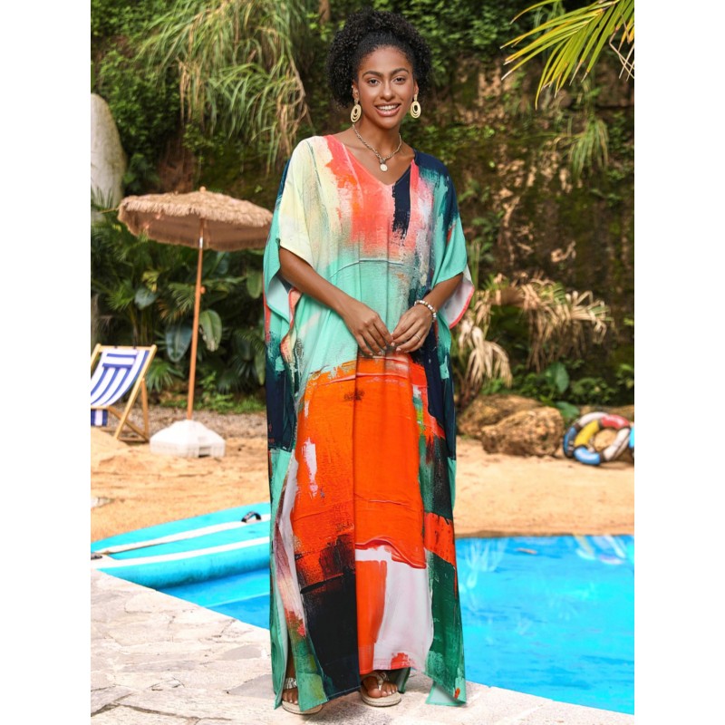 Plus Size Caftan Dresses: Abstract Art Beach Cover Up & Resort Wear Abstract Art Plus Size Caftan Dress for Women Beach Cover Up