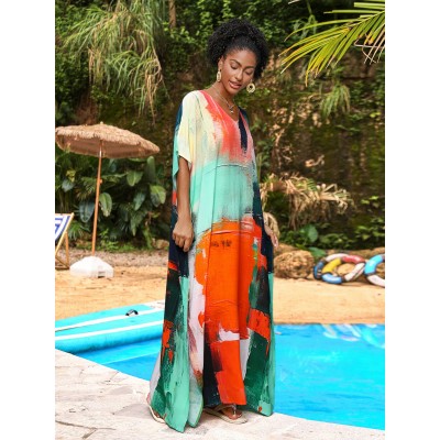 Plus Size Caftan Dresses: Abstract Art Beach Cover Up & Resort Wear Abstract Art Plus Size Caftan Dress for Women Beach Cover Up