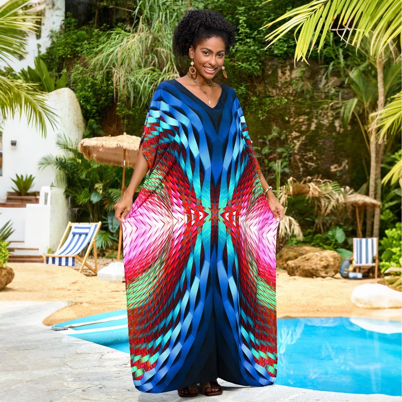 Abstract Geometric Print Caftan Maxi Dress – Women’s Boho Resort Outfit Woman in abstract geometric print caftan maxi dress with V neck standing poolside