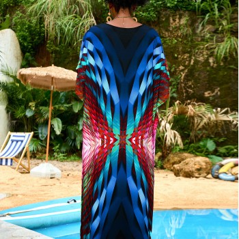 Women’s Abstract Geometric Caftan Maxi Dress  Loose Fit Boho Resort Cover Up A007