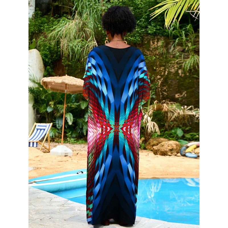 Abstract Geometric Print Caftan Maxi Dress – Women’s Boho Resort Outfit Woman in abstract geometric print caftan maxi dress with V neck standing poolside