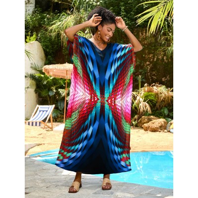 Abstract Geometric Print Caftan Maxi Dress – Women’s Boho Resort Outfit Woman in abstract geometric print caftan maxi dress with V neck standing poolside