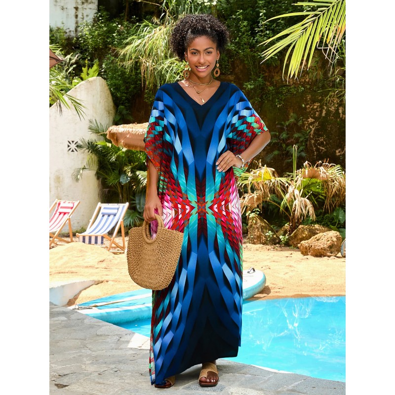 Abstract Geometric Print Caftan Maxi Dress – Women’s Boho Resort Outfit Woman in abstract geometric print caftan maxi dress with V neck standing poolside