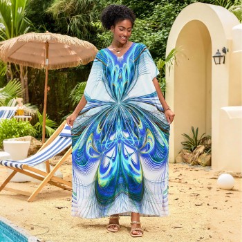 Women’s Blue Abstract Caftan Maxi Dress Loose Fit Bohemian Resort Cover Up & Loungewear A009 Women’s Blue Abstract Caftan Maxi Dress Loose Fit Bohemian Resort Cover Up & Loungewear A009