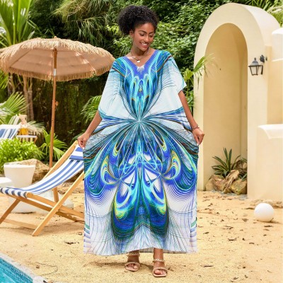 Blue Abstract Caftan Maxi Dress – Women’s Boho Resort Cover Up Woman in blue and green abstract print caftan maxi dress with V neck