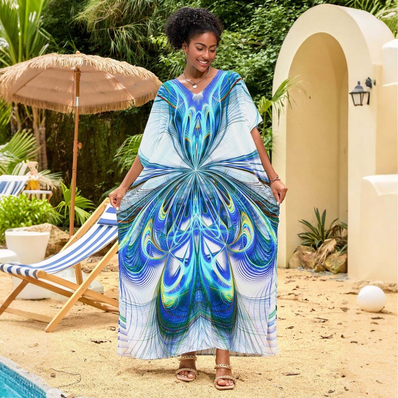 Blue Abstract Caftan Maxi Dress – Women’s Boho Resort Cover Up Woman in blue and green abstract print caftan maxi dress with V neck