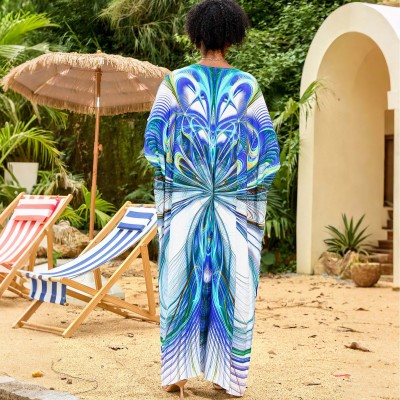 Blue Abstract Caftan Maxi Dress – Women’s Boho Resort Cover Up Woman in blue and green abstract print caftan maxi dress with V neck