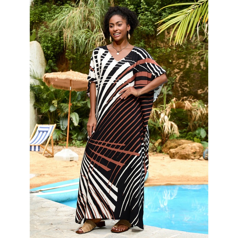 Bohemian Flowy Caftan Dress: Women's Beach Cover Up Woman wearing flowy print caftan dress, kimono sleeves beach cover up