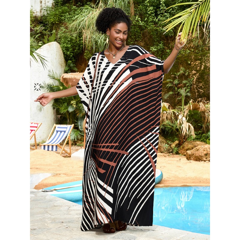 Bohemian Flowy Caftan Dress: Women's Beach Cover Up Woman wearing flowy print caftan dress, kimono sleeves beach cover up