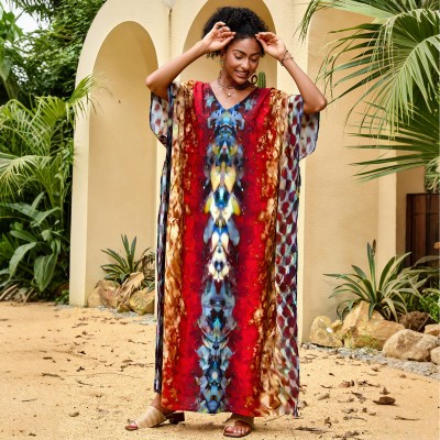 Ethnic Abstract Art Caftan: One Size US 4-22 Beach Cover Up Woman wearing ethnic abstract art caftan dress, kimono sleeves beach cover up