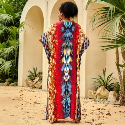 Ethnic Abstract Art Caftan: One Size US 4-22 Beach Cover Up Woman wearing ethnic abstract art caftan dress, kimono sleeves beach cover up