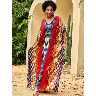 Ethnic Abstract Art Caftan: One Size US 4-22 Beach Cover Up Woman wearing ethnic abstract art caftan dress, kimono sleeves beach cover up