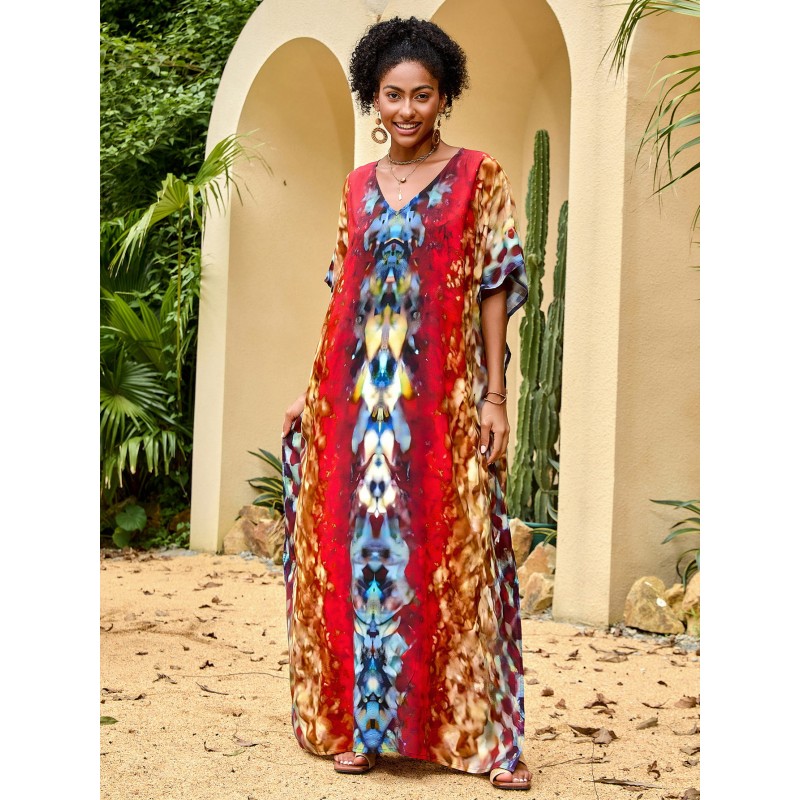 Ethnic Abstract Art Caftan: One Size US 4-22 Beach Cover Up Woman wearing ethnic abstract art caftan dress, kimono sleeves beach cover up