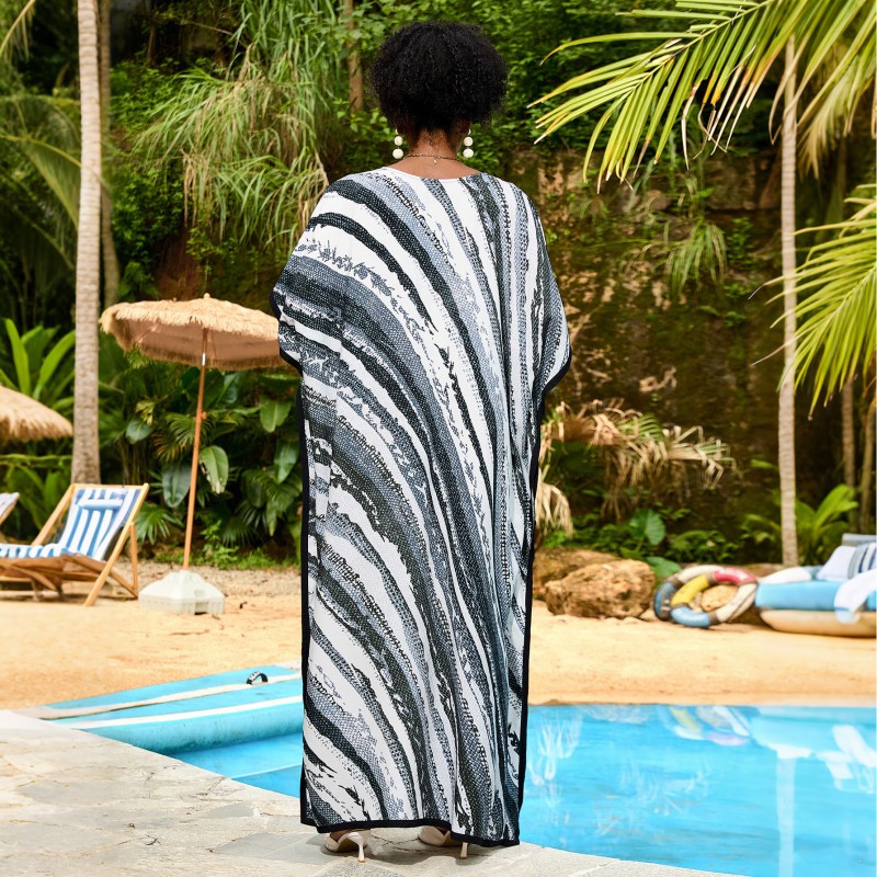 Bohemian Striped Plus Size Caftan Dresses for Women: Beach Cover Up & Resort Wear Black White Striped Plus Size Caftan Dress for Women