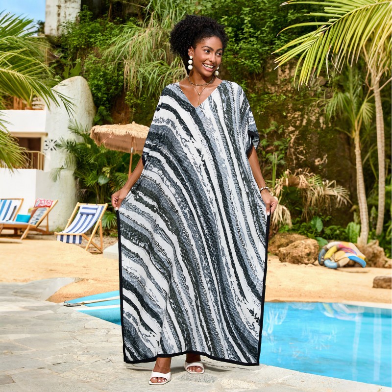 Bohemian Striped Plus Size Caftan Dresses for Women: Beach Cover Up & Resort Wear Black White Striped Plus Size Caftan Dress for Women