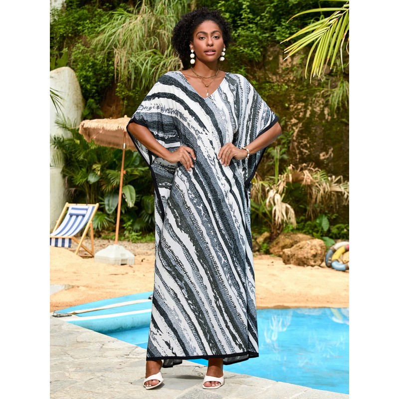 Bohemian Striped Plus Size Caftan Dresses for Women: Beach Cover Up & Resort Wear Black White Striped Plus Size Caftan Dress for Women