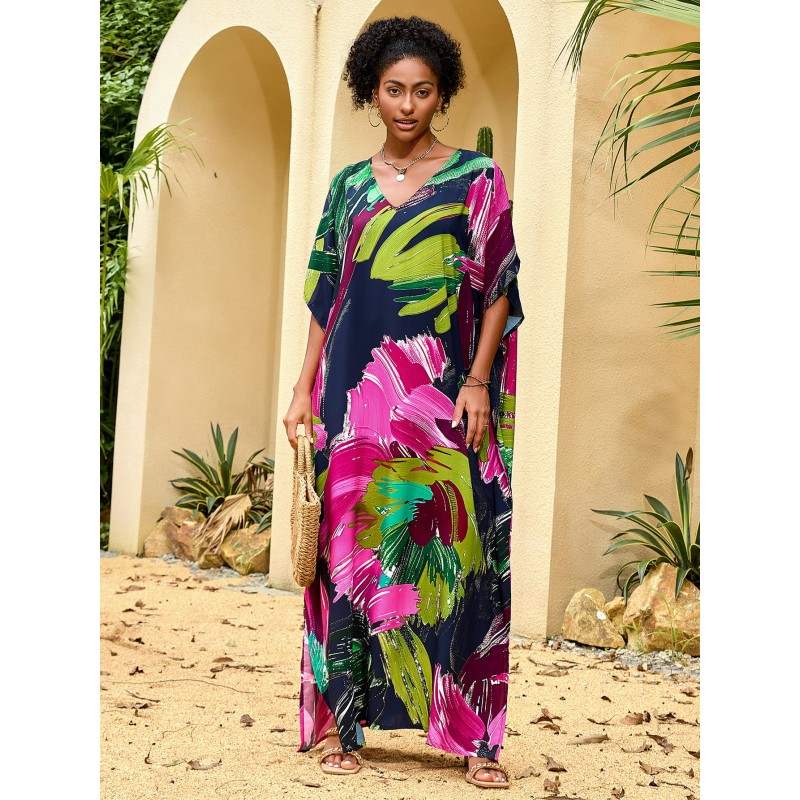 Plus Size Bohemian Kaftan Maxi Dress – Summer Beach Cover Up Woman wearing colorful bohemian V neck kaftan maxi dress by the pool