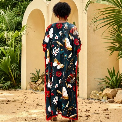 Floral Butterfly Print Caftan Maxi Dress – Women’s Boho Resort Wear Woman in floral butterfly print caftan maxi dress with V neck and loose fit