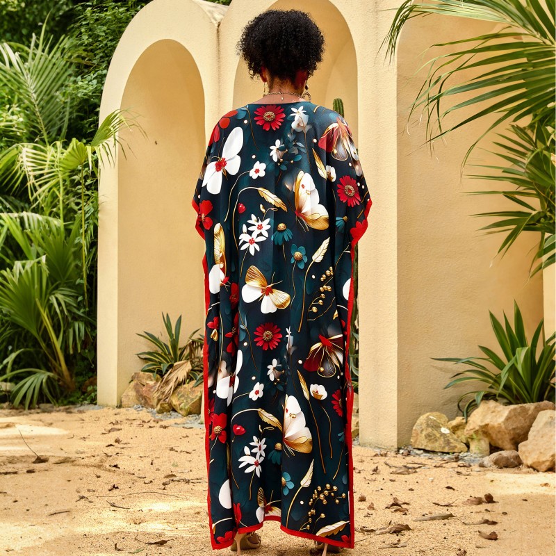 Floral Butterfly Print Caftan Maxi Dress – Women’s Boho Resort Wear Woman in floral butterfly print caftan maxi dress with V neck and loose fit