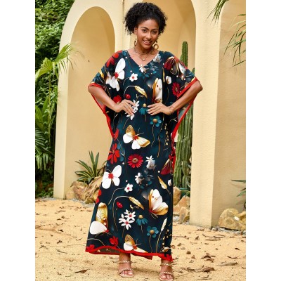 Floral Butterfly Print Caftan Maxi Dress – Women’s Boho Resort Wear Woman in floral butterfly print caftan maxi dress with V neck and loose fit