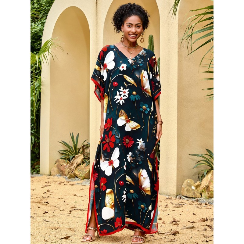 Floral Butterfly Print Caftan Maxi Dress – Women’s Boho Resort Wear Woman in floral butterfly print caftan maxi dress with V neck and loose fit